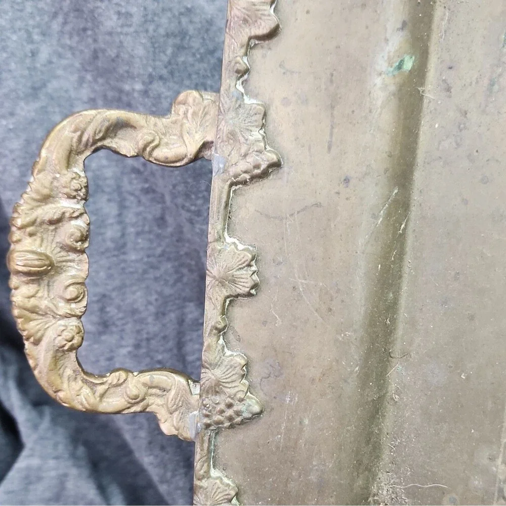 Brass (?) Rectangular Serving Tray w/ Handles Grapevine/Floral Pattern 24 x 14.5